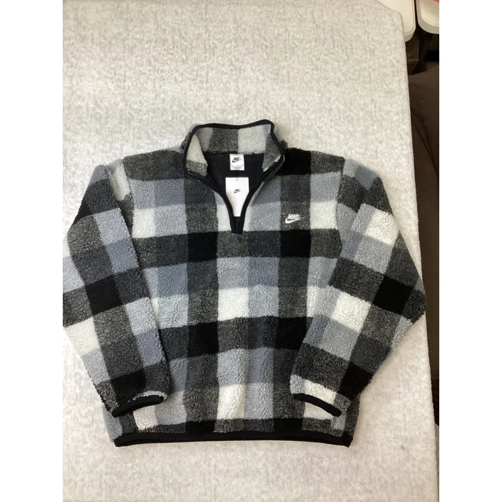 Nike Mens Club Fleece+ 1/2 Zip Winterized Plaid Sherpa Pullover FZ0896-010 M